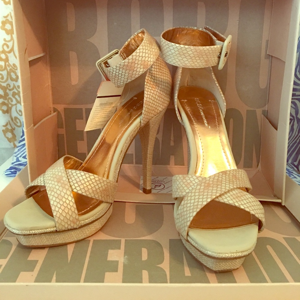 BCBG Beige- Frost Snake Strappy Heels