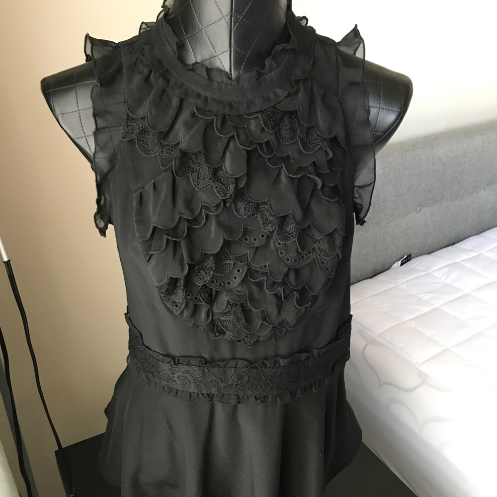 Bcbg black lace and ruffle detail blouse