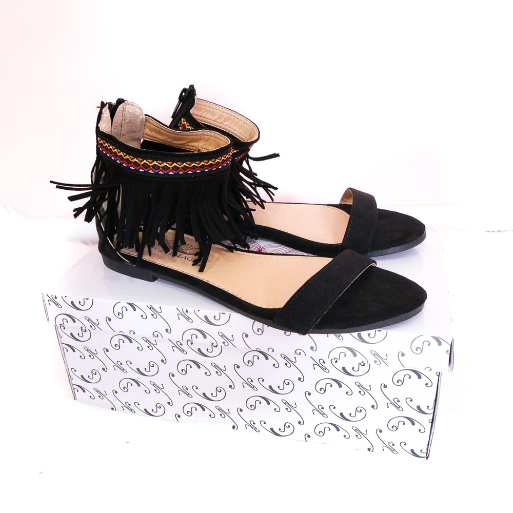 Love Image Black Everyday Aztec Boho Fringe Sandal