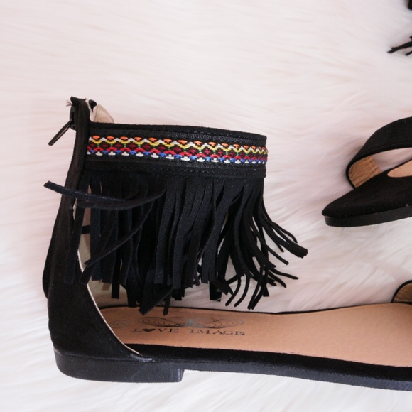 Love Image Black Everyday Aztec Boho Fringe Sandal - Picture 4 of 8
