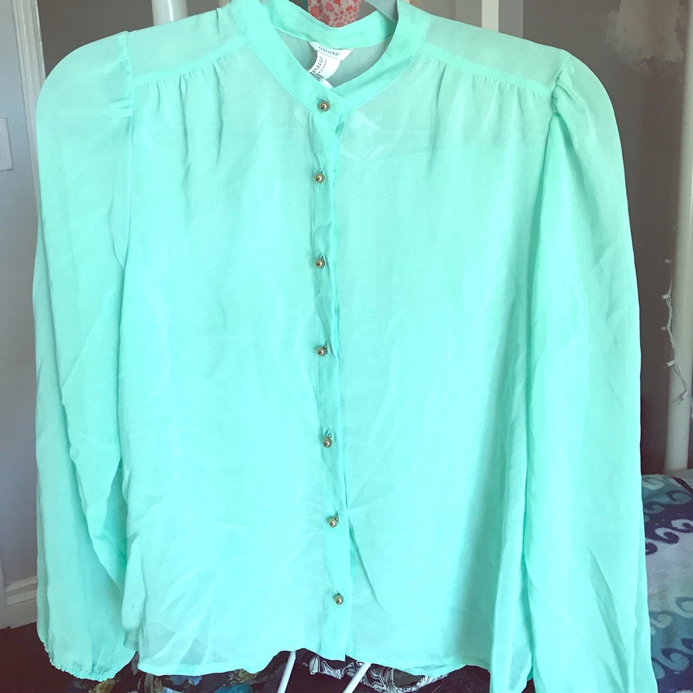 Mint green chiffon blouse with gold buttons