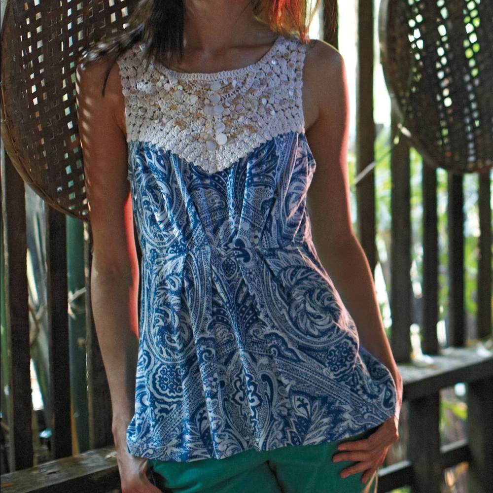 Anthropologie Pattern Gather Shell w/ crochet yoke