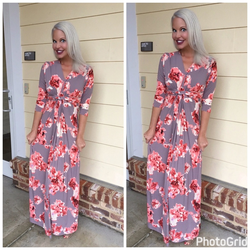 LAST 1!!  Stunning gray floral maxi dress. - Picture 3 of 7