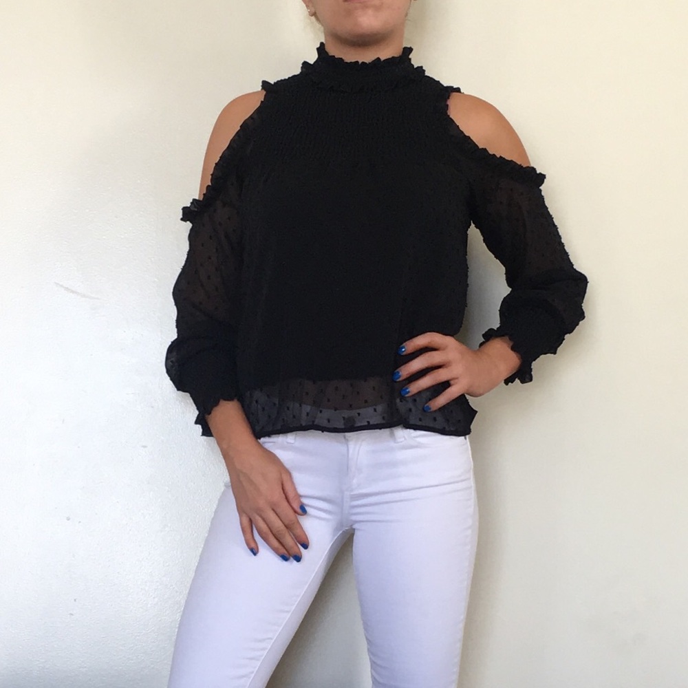 Black alpha & omega off the shoulder blouse
