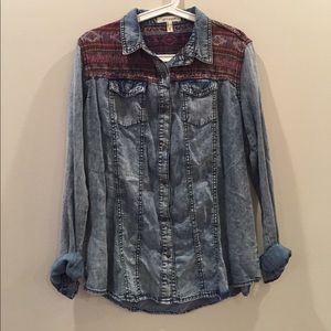 Distressed chambray shirt with Aztec detail