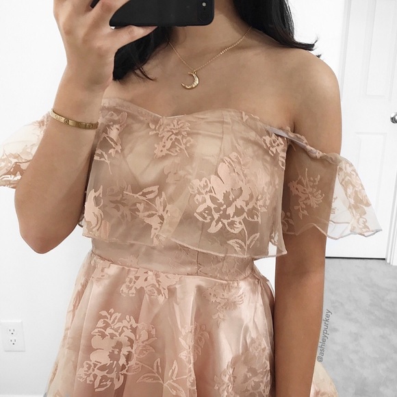 peach nude floral off the shoulder ruffle dress - Picture 3 of 4
