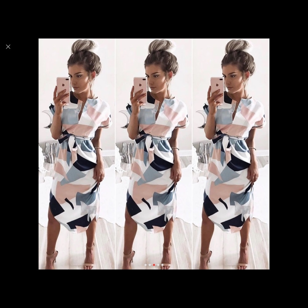Geometric print midi dress with tie waist - Picture 3 of 7
