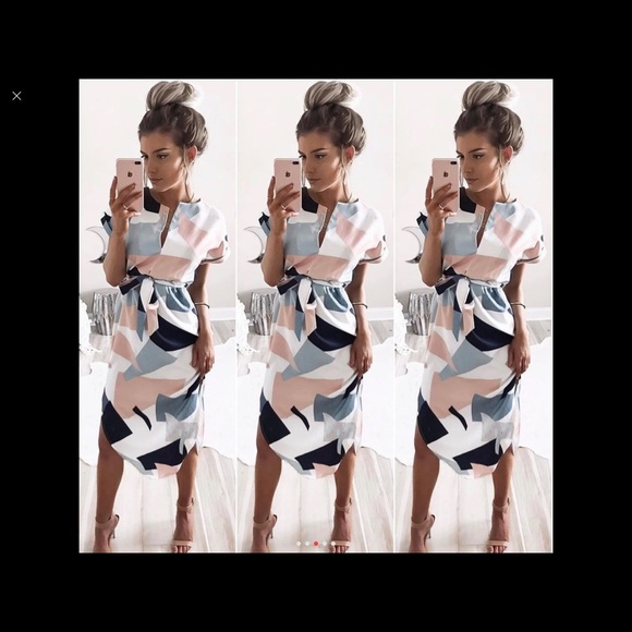 Geometric print midi dress with tie waist - Picture 3 of 7