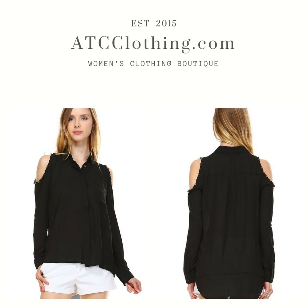 Black Cut-out Shoulder Button Down Chiffon Top