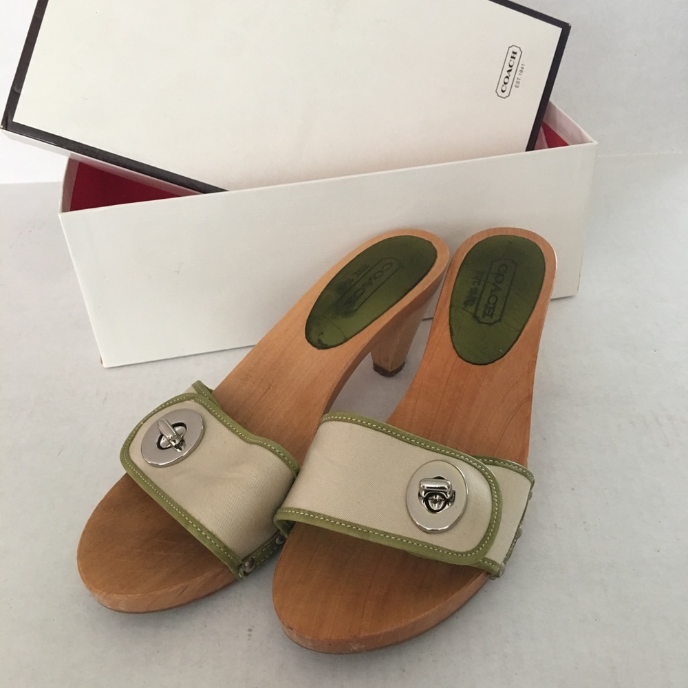COACH AUTHENTIC WOOD HEELS WITH CANVAS STRAP