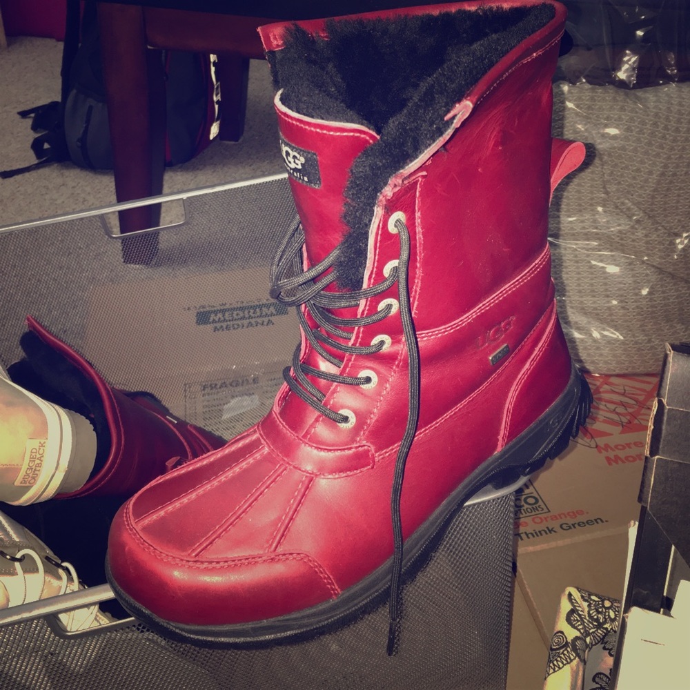 red leather fuzzy lined UGG winter boots NWOT