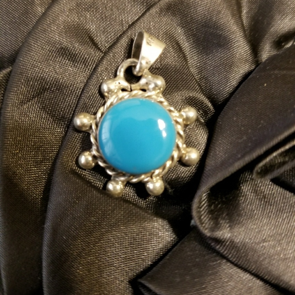 SILVER TURQUOISE ENAMEL SHIPS WHEEL PENDANT