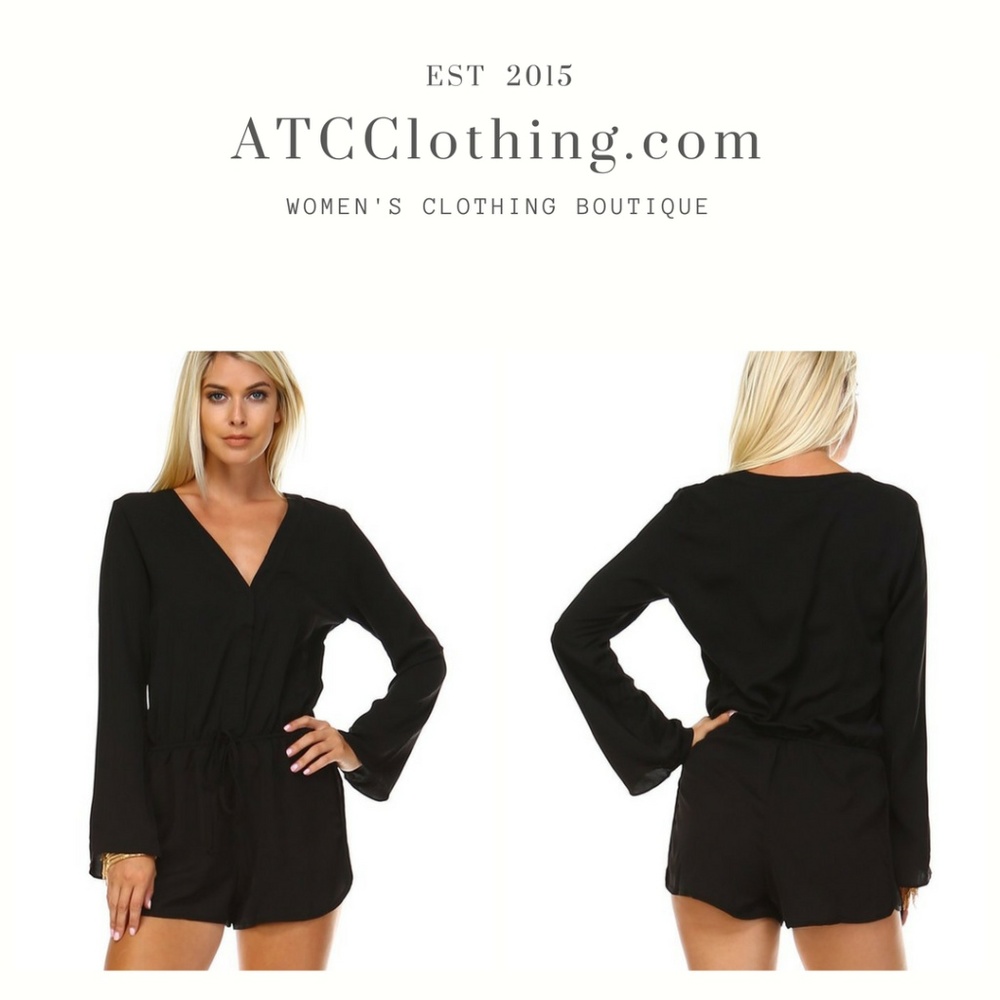 Black Long Sleeve Waist Tie Romper