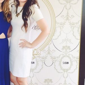 White Sheath Dress w/ Faux Leather Sleeves