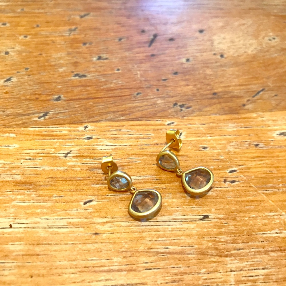 Gold and blue bead dangling earrings