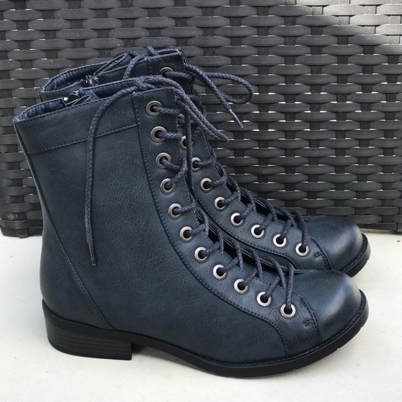 NIB Navy Blue Lace Up Combat Moto Boots - Picture 2 of 5