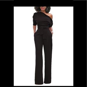 New Solid One Shoulder Tied Waist Flared Jumpsuit