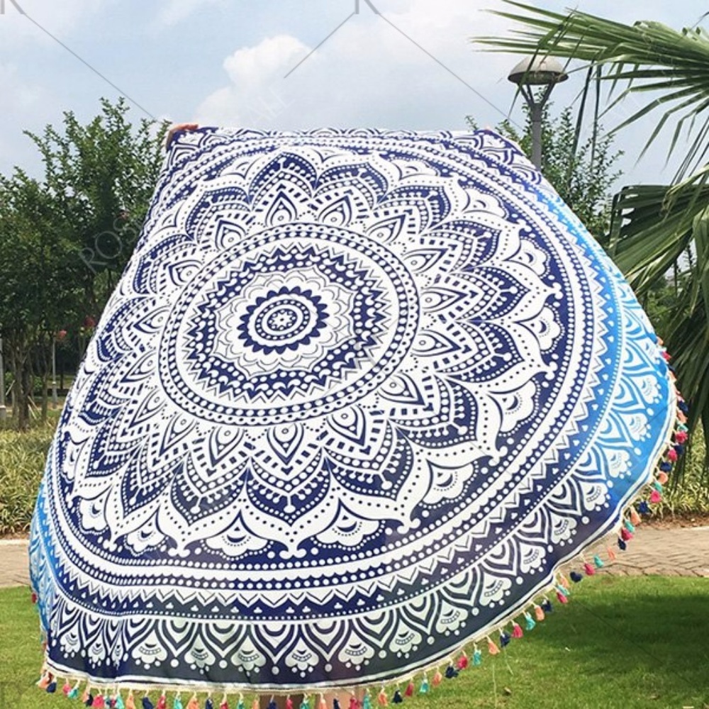 Boho Tassel Lotus Flower Round Beach Blanket