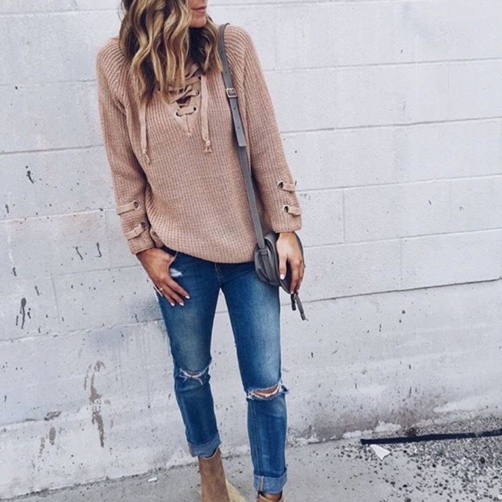 ❗️LAST ONE❗️Knit Crochet Lace Up Sweater - Picture 2 of 5