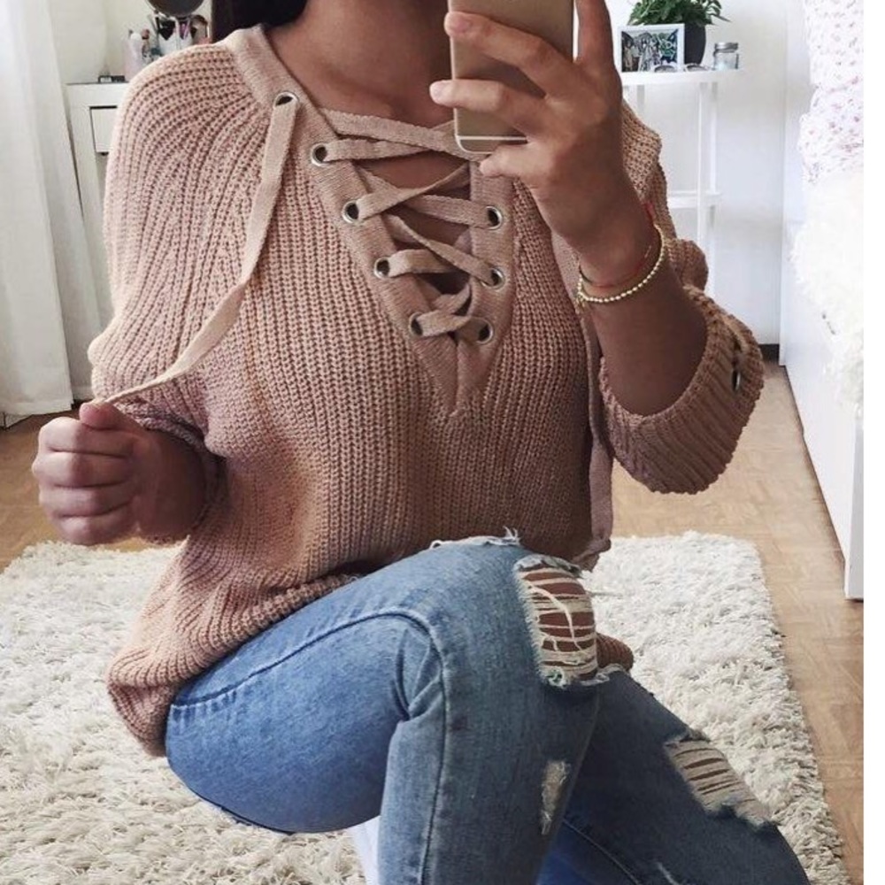 ❗️LAST ONE❗️Knit Crochet Lace Up Sweater - Picture 3 of 5