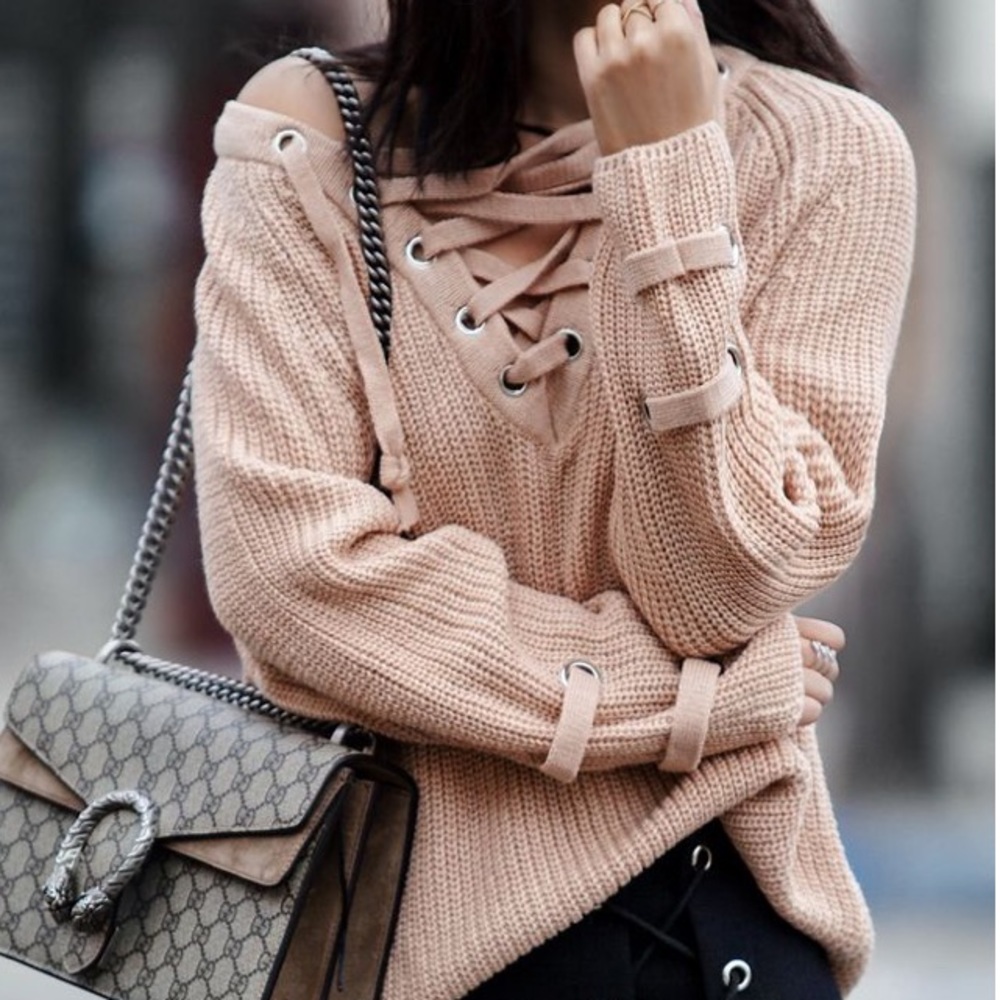 ❗️LAST ONE❗️Knit Crochet Lace Up Sweater - Picture 4 of 5