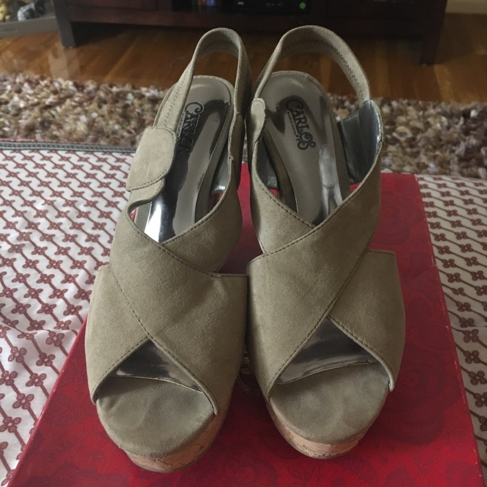 Carlos Santana taupe cork wedges!