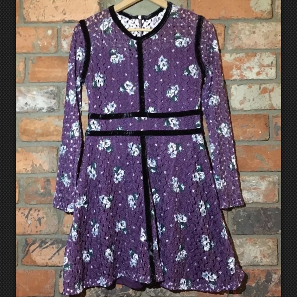 Floral Lace Velvet Pieced Purple Boho Sz S Long Sl
