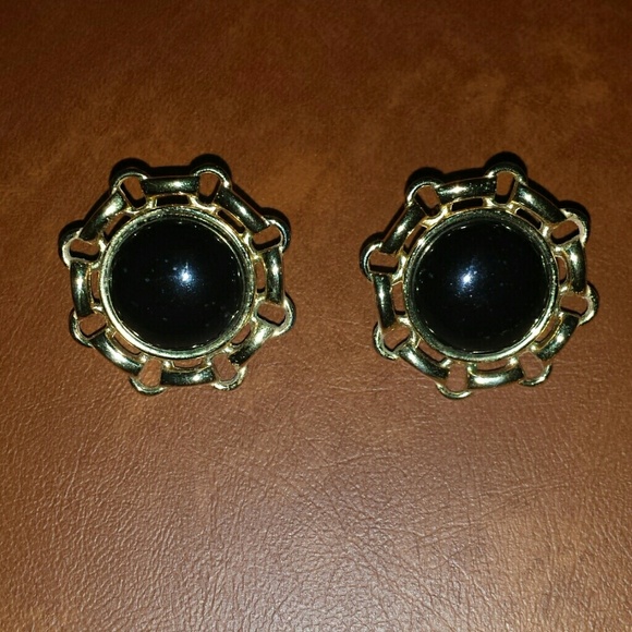 Vintage Monet Gold & Black Earrings - Picture 3 of 3