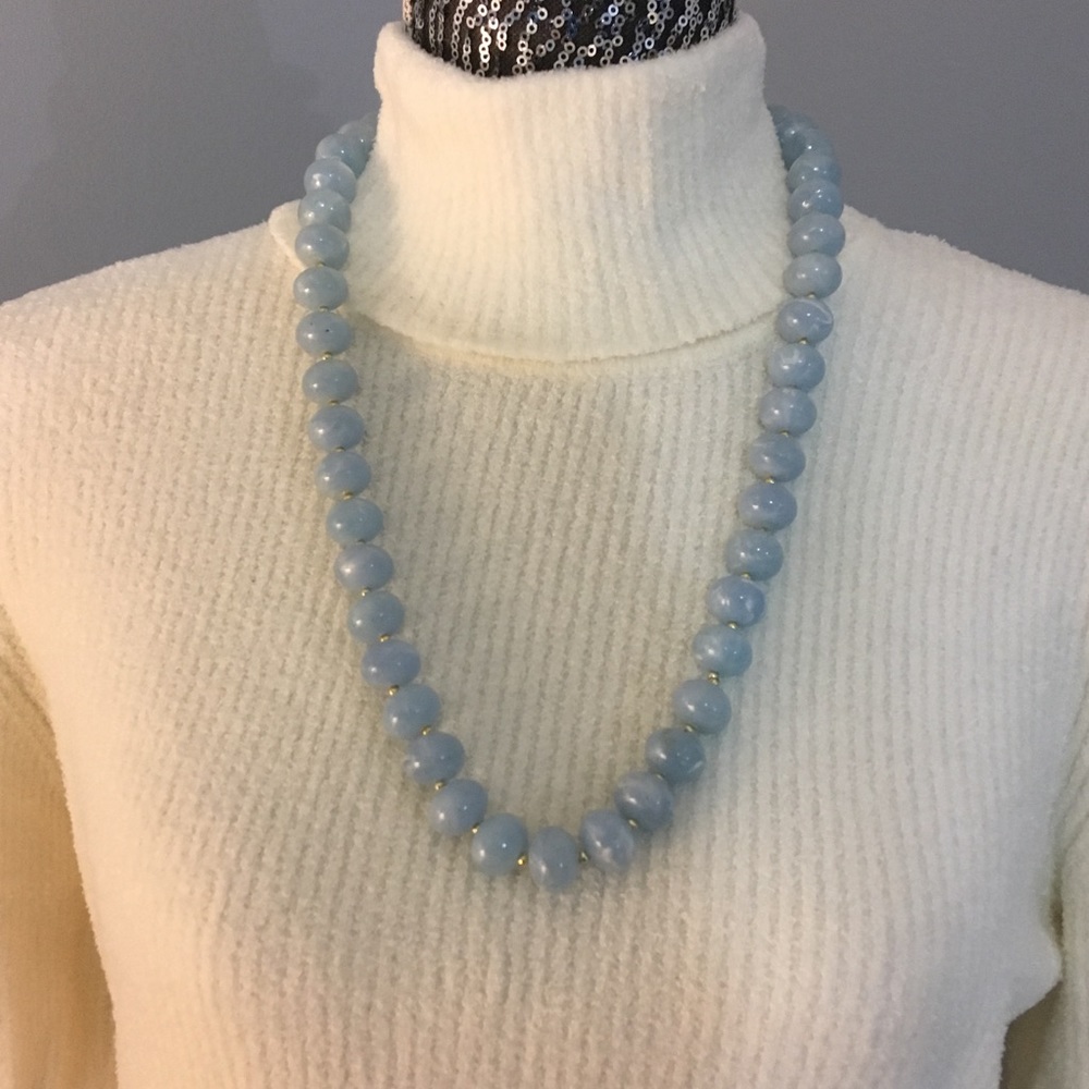 Necklace, beaded blue with white swirls