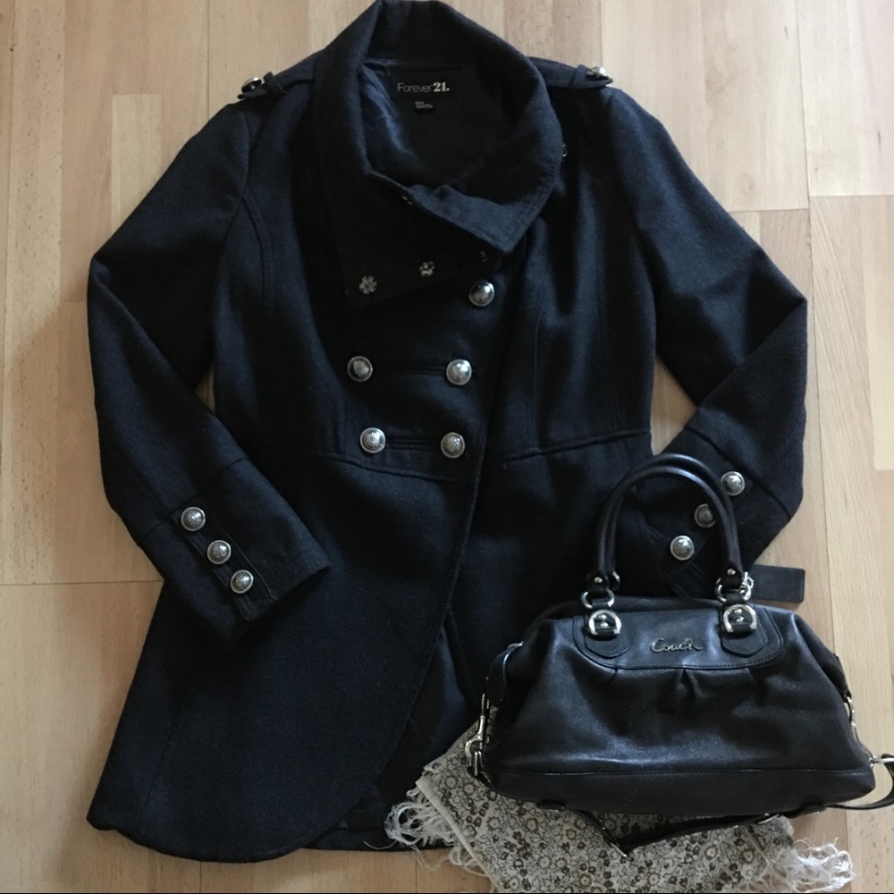 F21- Black Wool Military Inspired Coat
