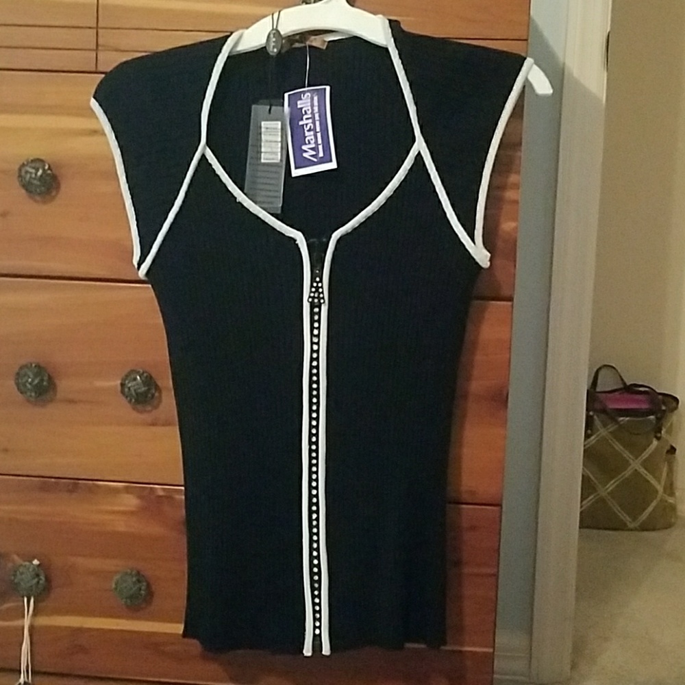 Black vest with white accents/rhinestone zipper