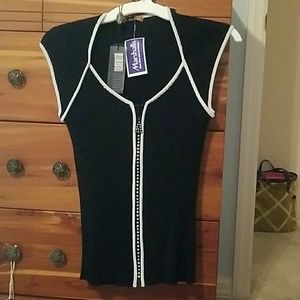 Black vest with white accents/rhinestone zipper