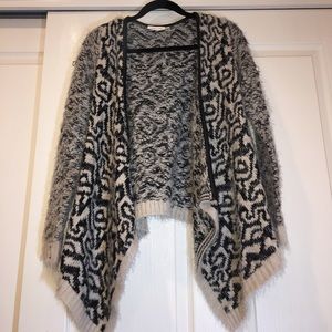 Black and white furry cardigan with leather accent