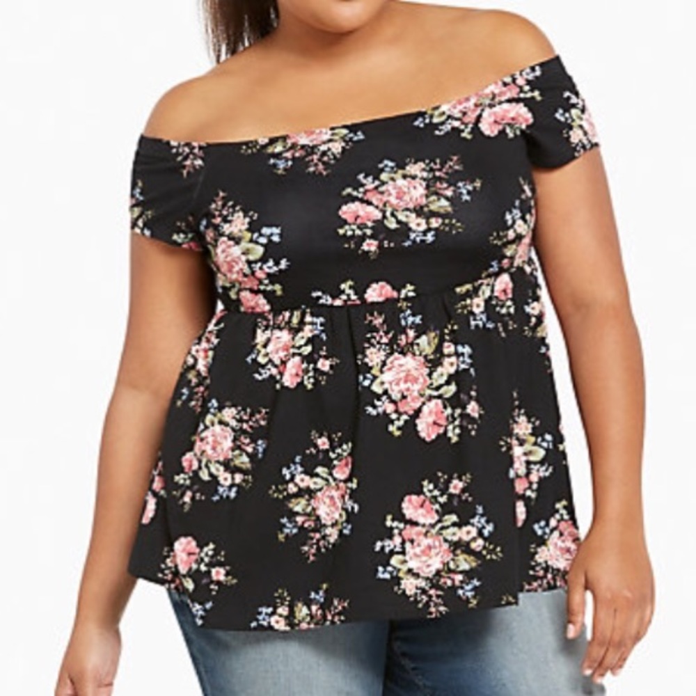 Floral Print Off Shoulder Babydoll Top 2X