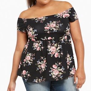 Floral Print Off Shoulder Babydoll Top 2X