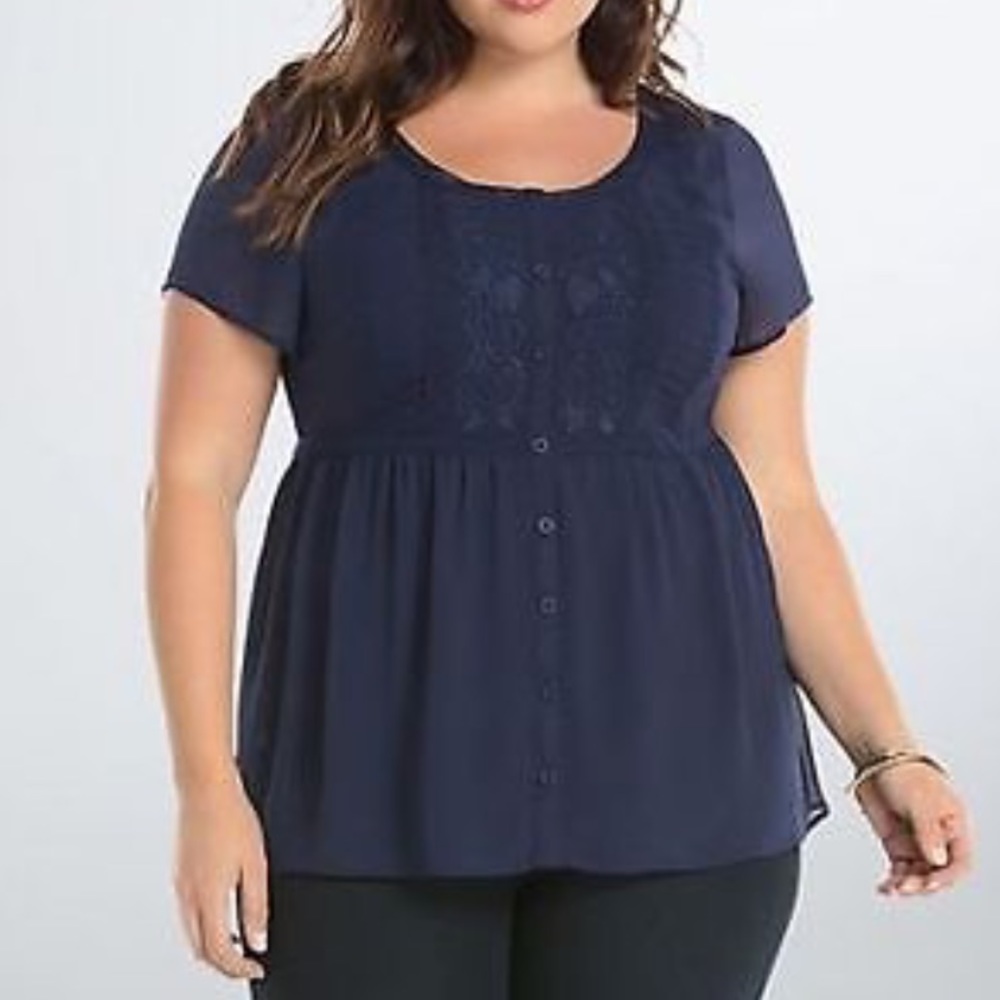 Navy Blue Embroidered Chiffon Blouse 3X