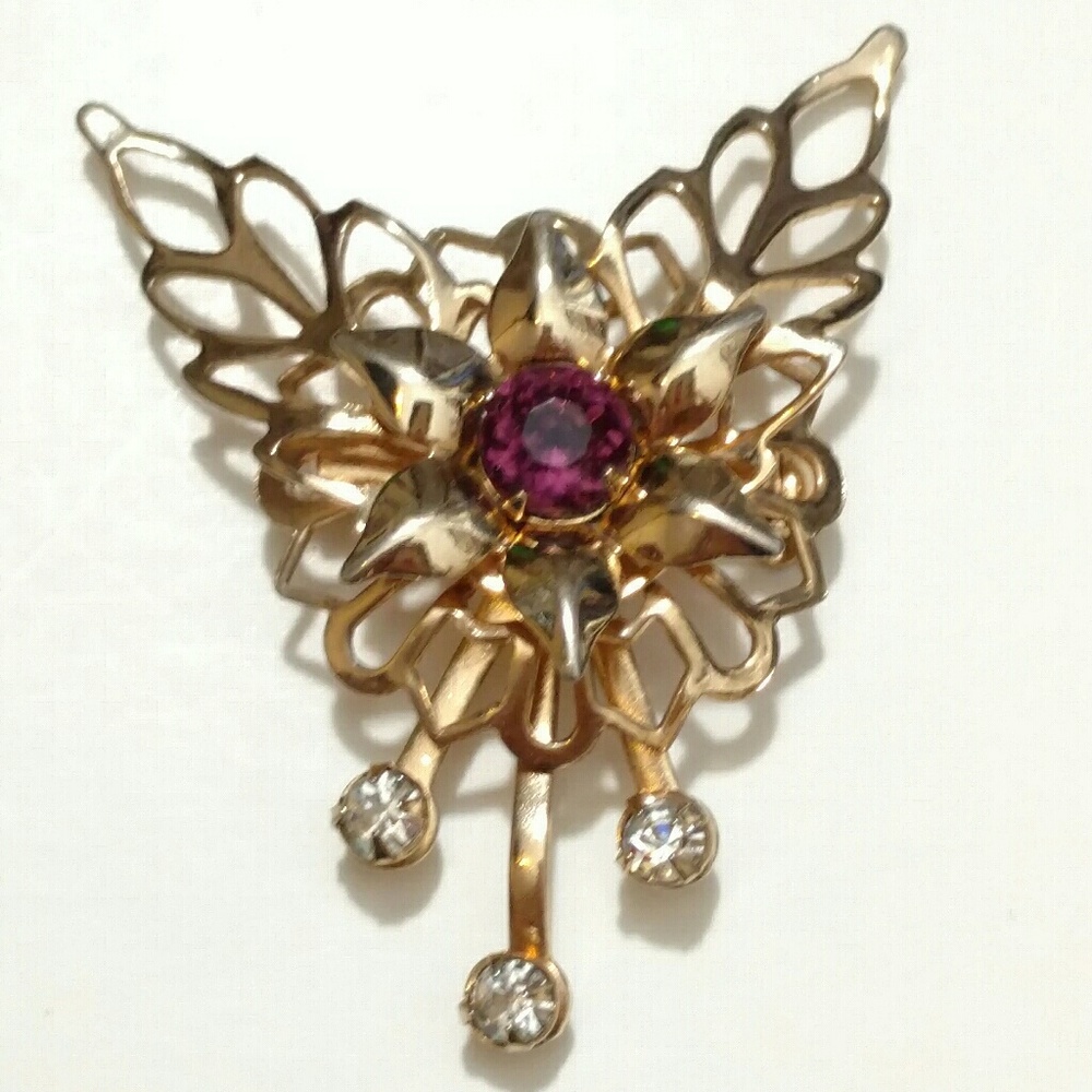 Vintage pendant brooch gold tone w "amethyst" - Picture 1 of 5