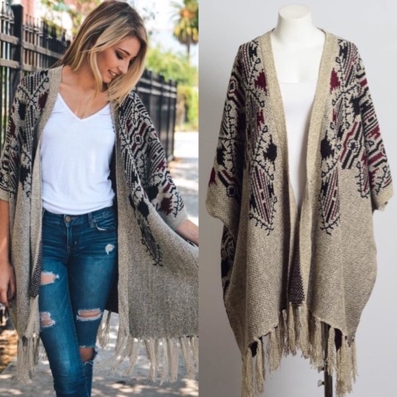 October Love Sweaters - ❗️PRICE DROP❗️ LAST Tan Oatmeal Tribal Boho Poncho