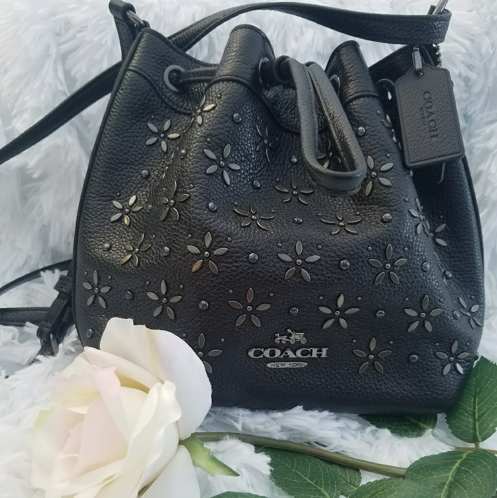 Coach Floral Studded Leather Drawstring Crossbody - Picture 1 of 8