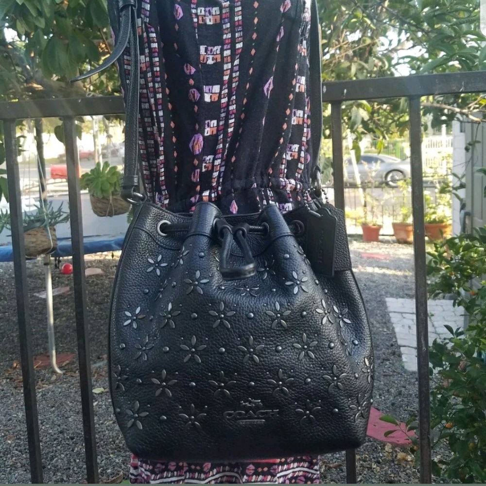 Coach Floral Studded Leather Drawstring Crossbody - Picture 7 of 8