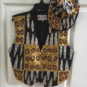 Sequins Vest, Hat and Leopard Pin.