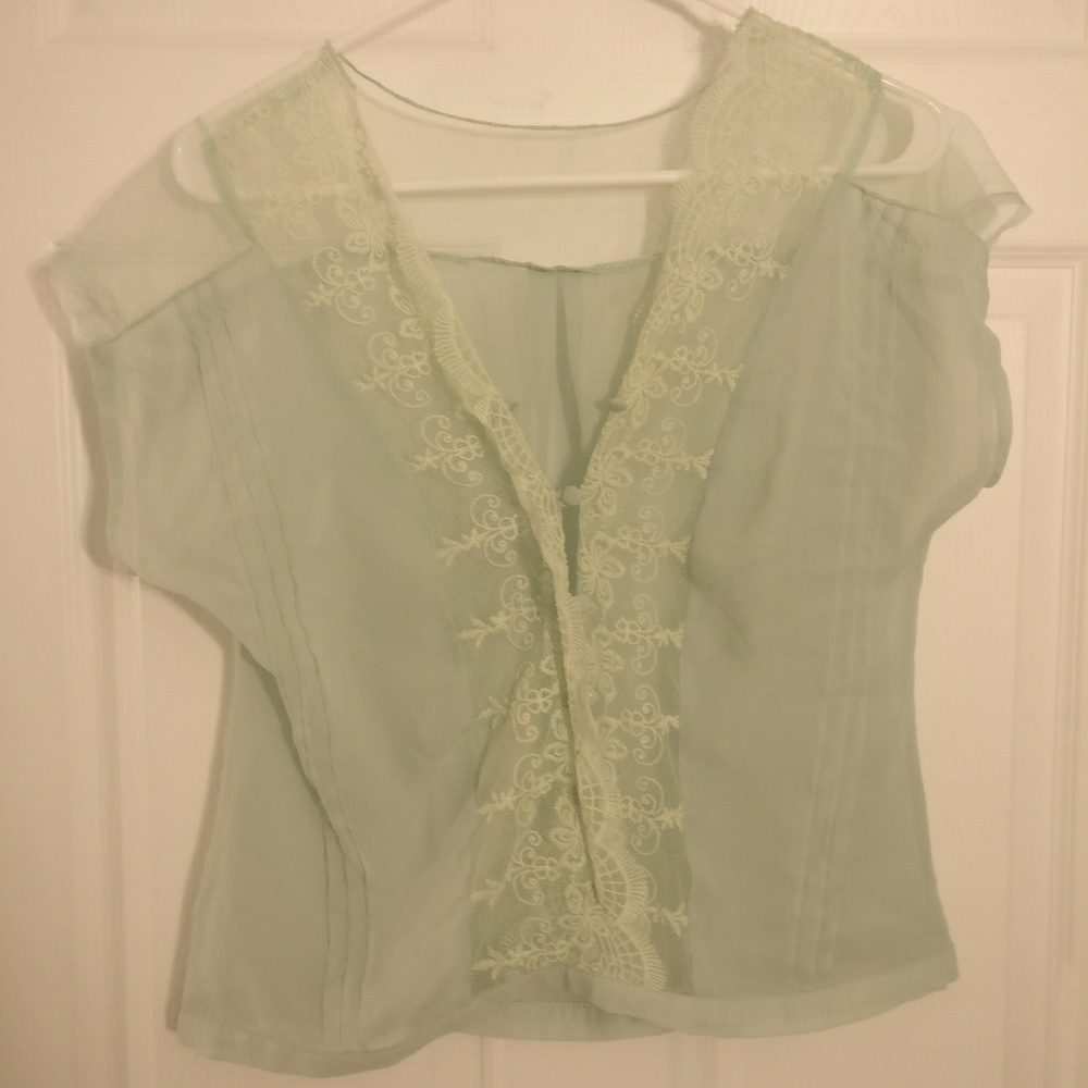 Mesh and lace mint green top
