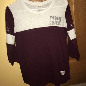 Pink Maroon Varsity Crew Neck T Shirt