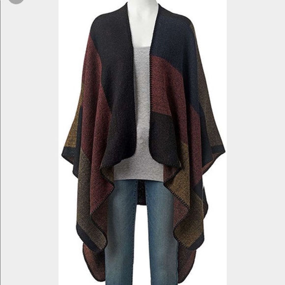150.  Color Block Ruana Wrap Poncho - Picture 2 of 4