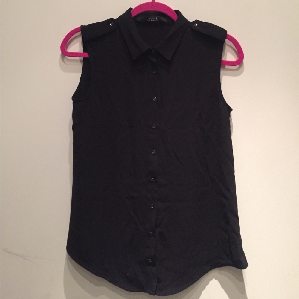Guess Black Collared Sleeveless Button Down Shirt