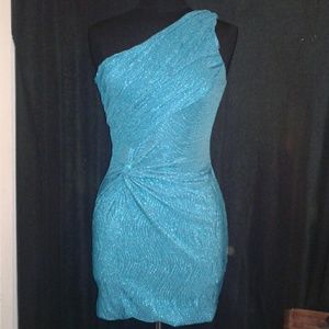 One shoulder teal cocktail dress