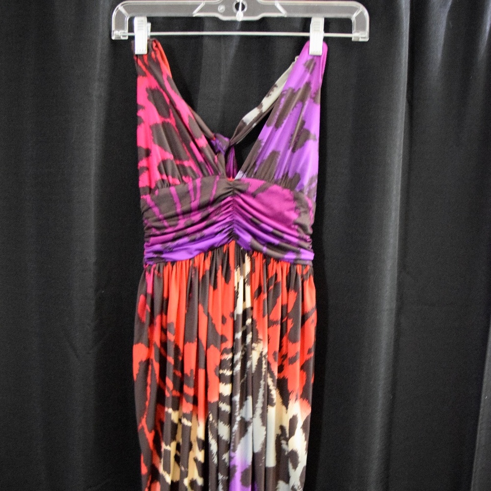 Brightly colored, silk leopard party dress