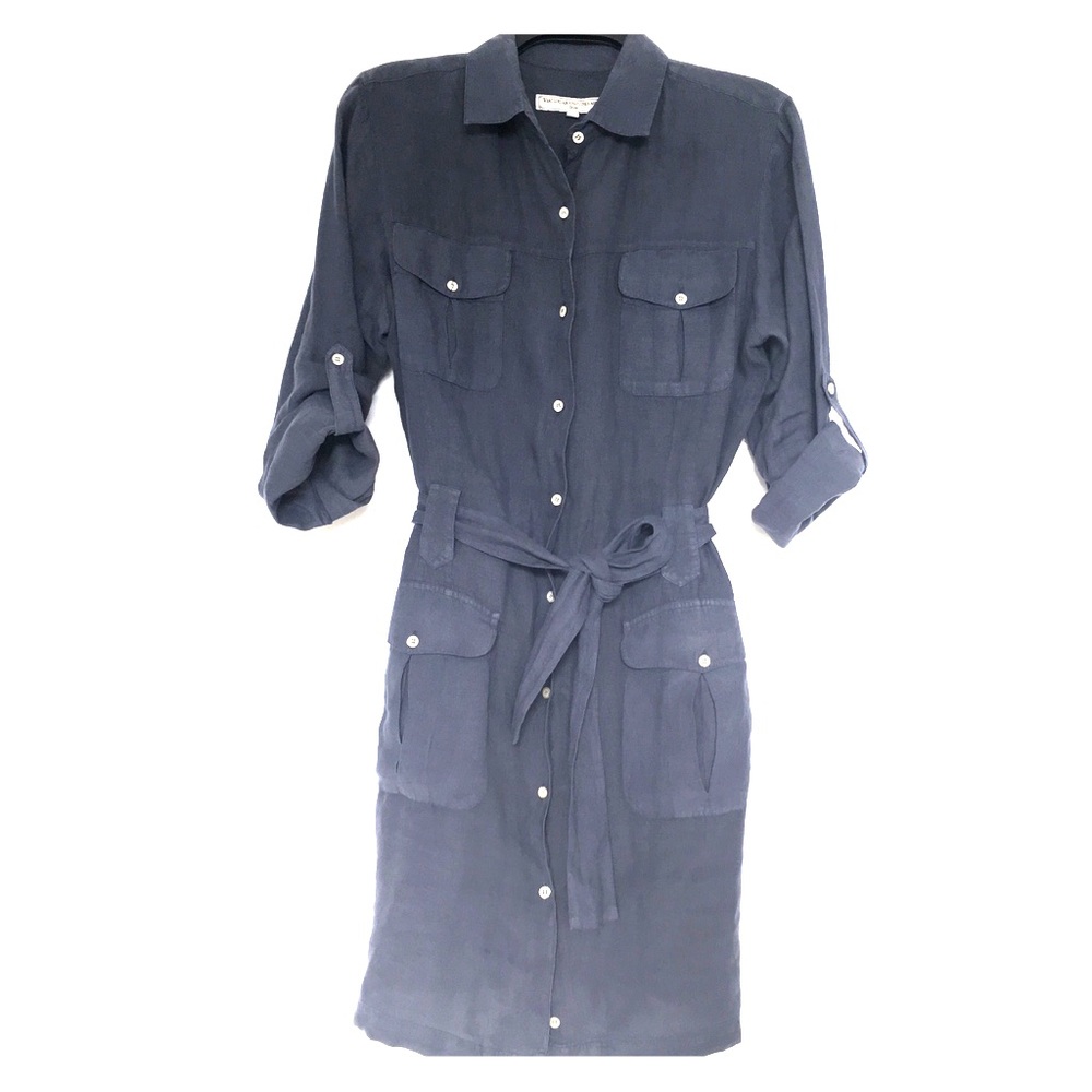 Blue Linen Tab Sleeve Shirt Dress