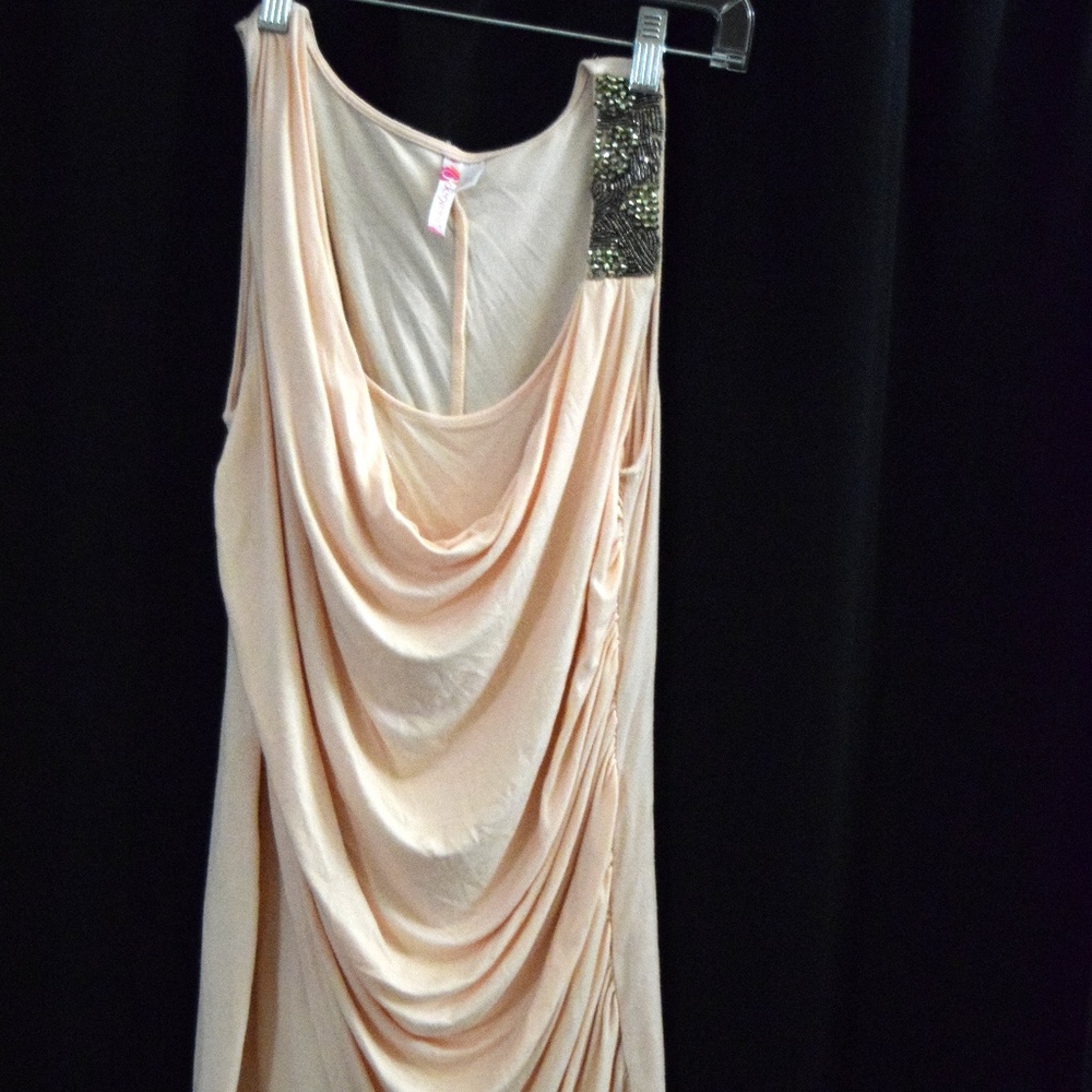Cowl neck layered top with beaded one shoulder