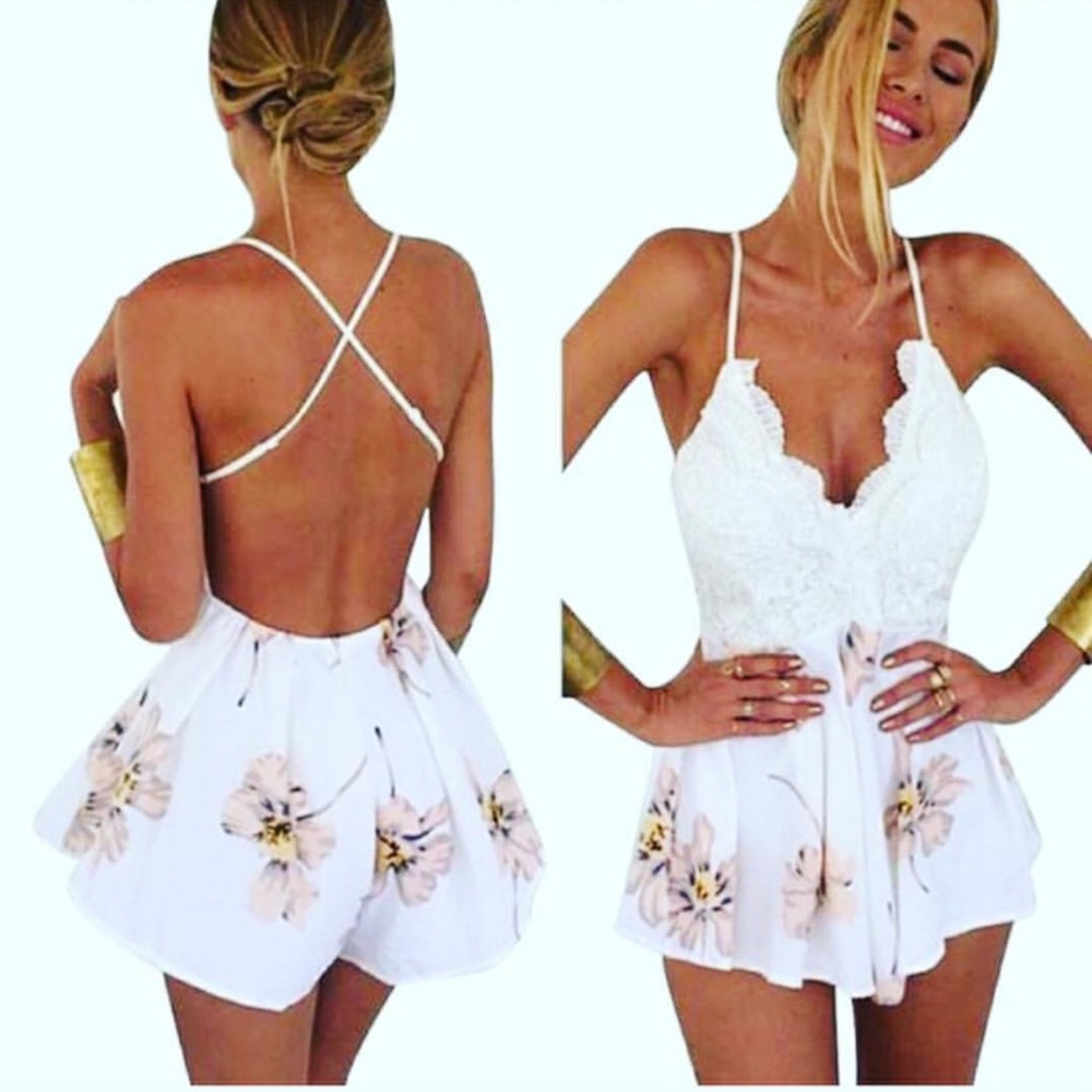Lace front backless romper